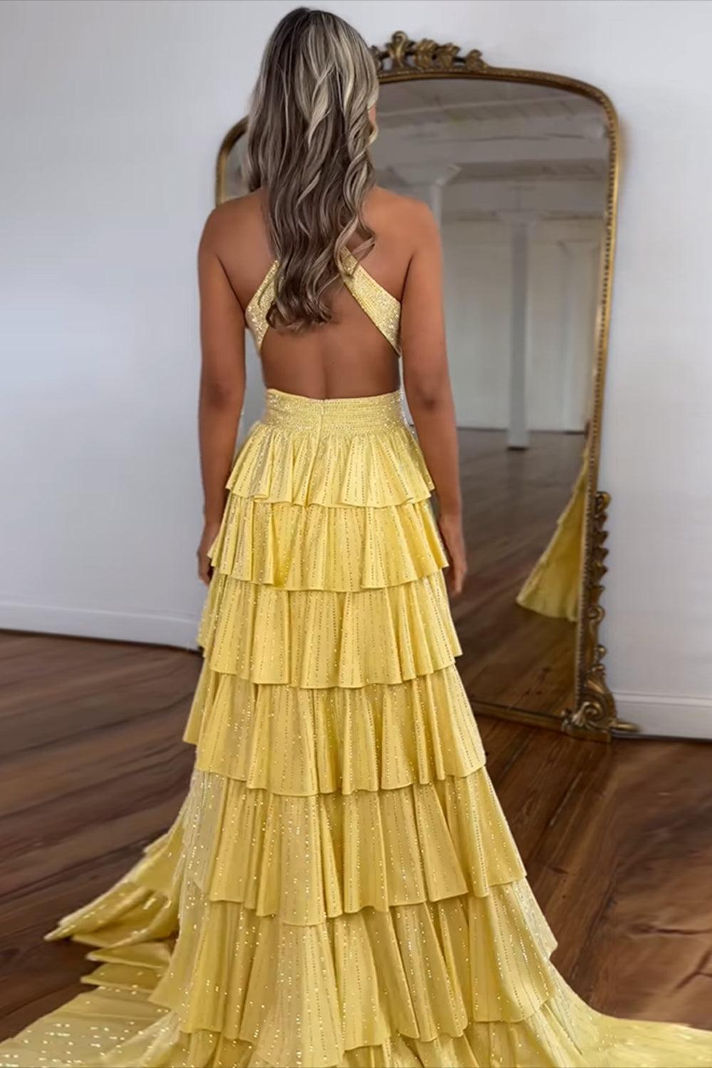 Halter Silver Prom Dress Tiered A-Line Long Formal Dress With Slit
