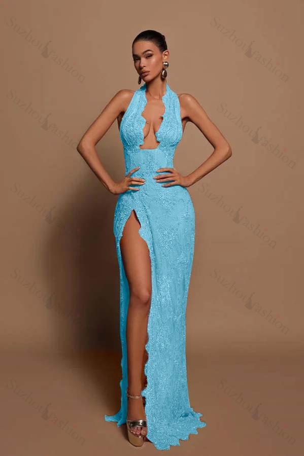 Halter Sleeveless Long Mermaid Evening Formal Dress With Lace Appliques