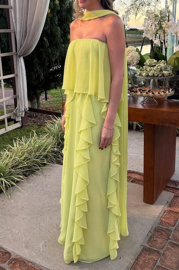 Halter Strapless Sleeveless Long Evening Formal Dress With Ruffled