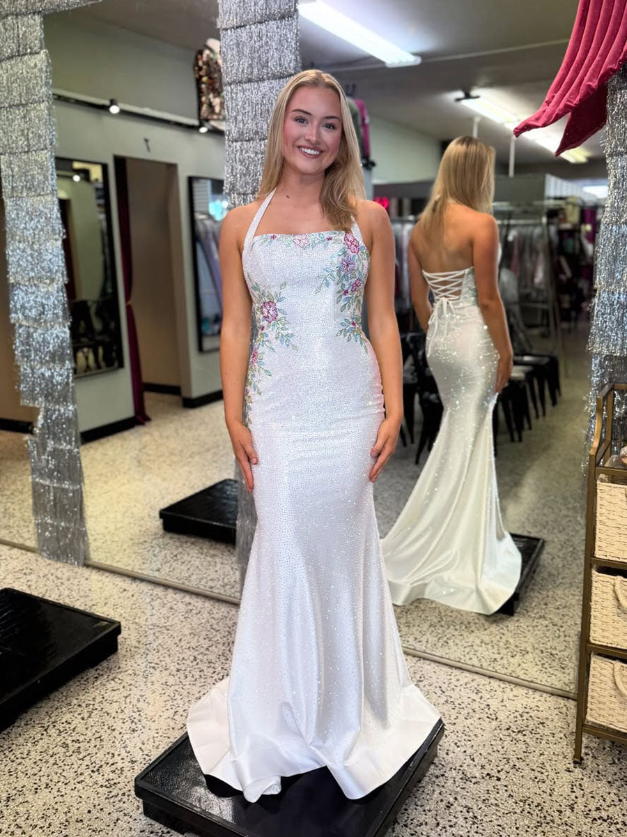 Halter Lace-Up Back Prom Dress with Floral Embroidered Bodice - VelvetHem
