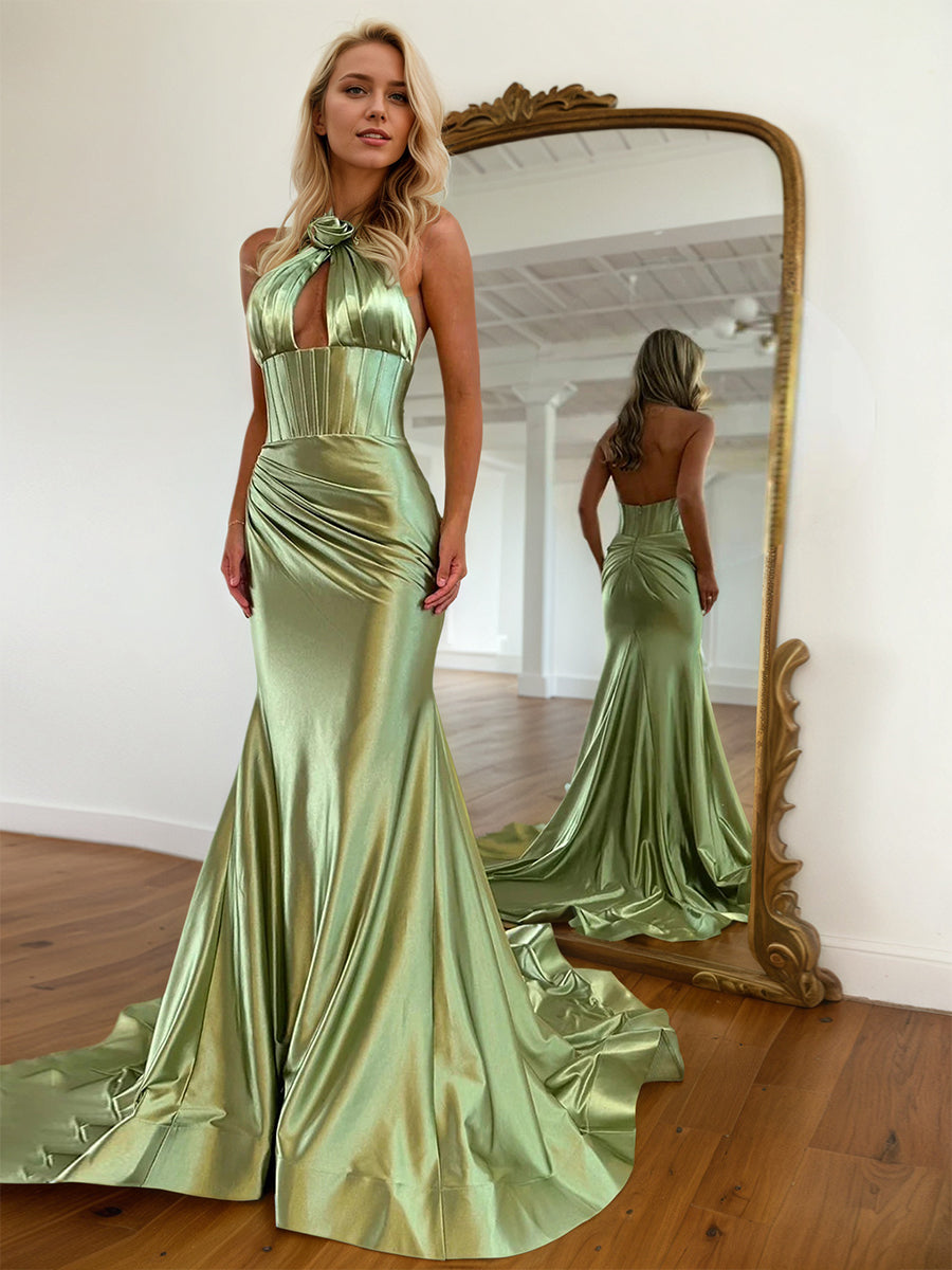 Halter Mermaid Satin Pleated Long Prom Dress - VelvetHem