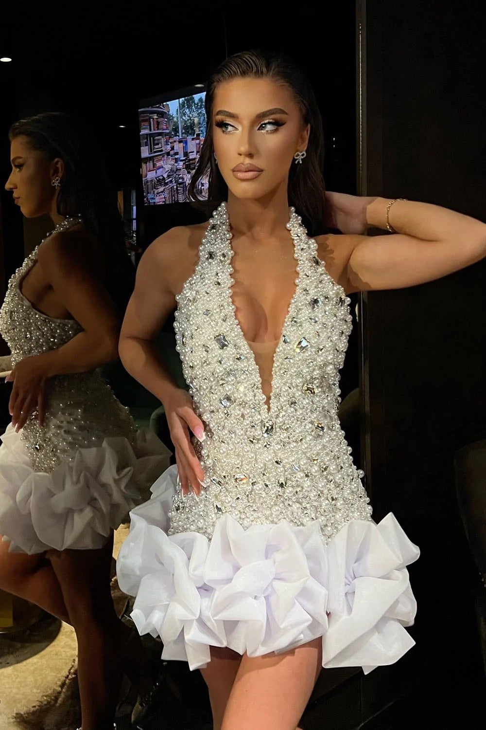 Luxury Pearl & Crystal Embellished Halter Homecoming Dress with Ruffled Hem - VelvetHem