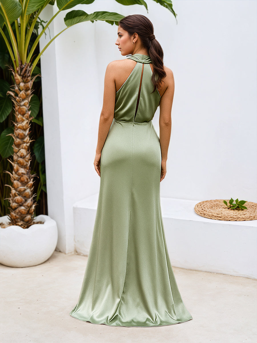 Halter Sheath Luxe Satin Maxi Dress Bridesmaid Dress