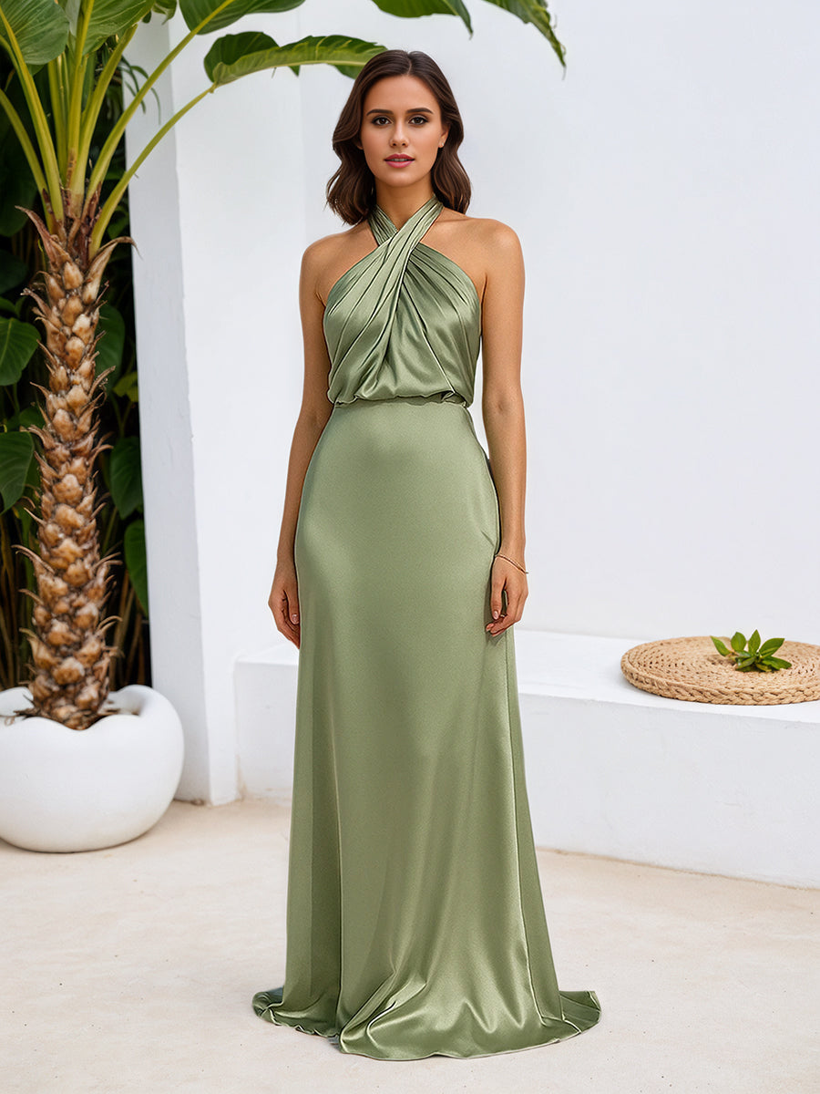 Halter Sheath Luxe Satin Maxi Dress Bridesmaid Dress - VelvetHem