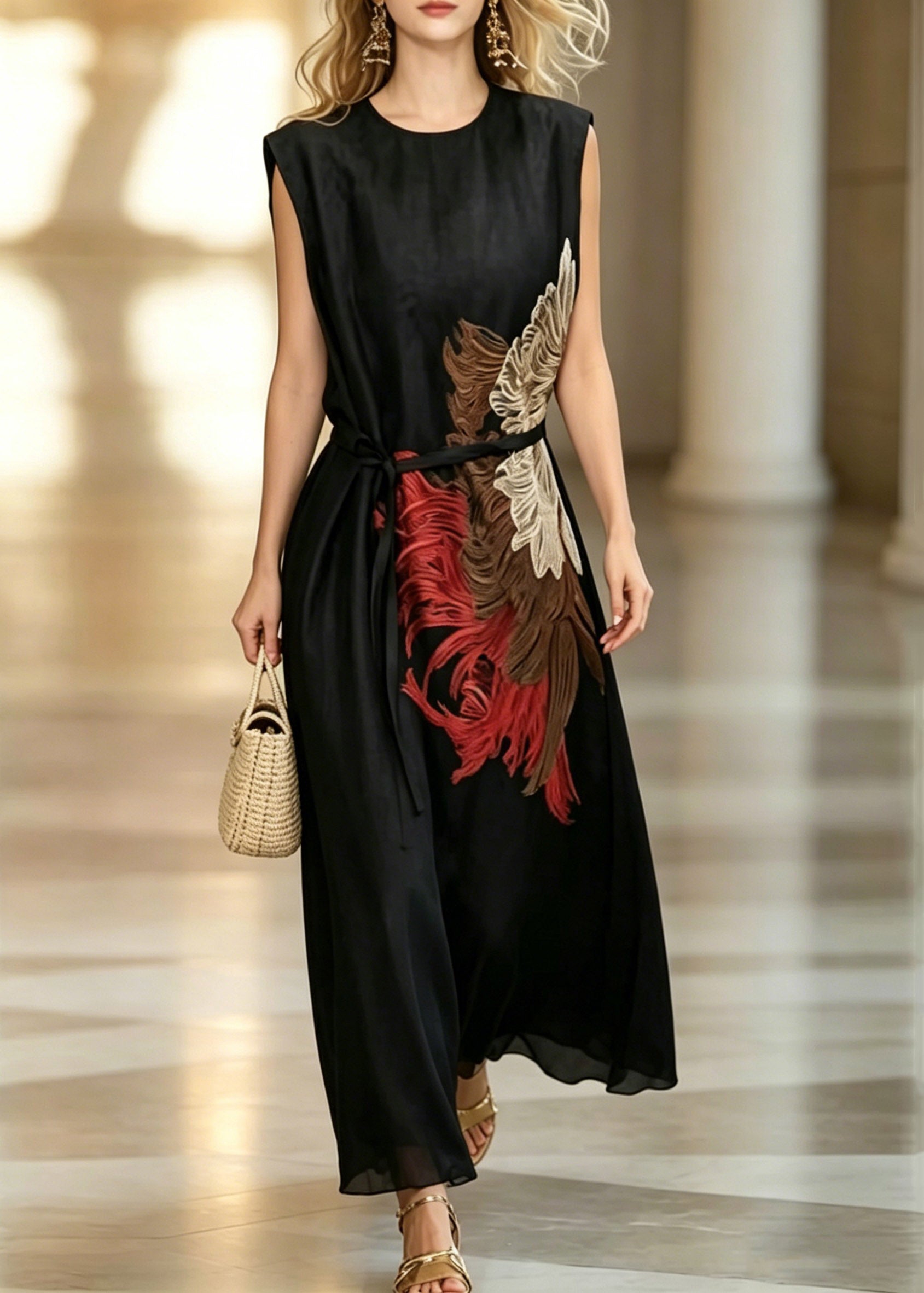 Handmade Black O-Neck Embroidered Sashes Long Dresses Summer