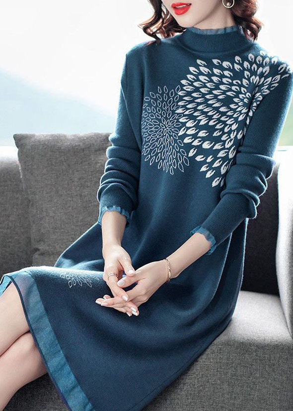 Handmade Blue High Neck Ruffled Patchwork Print Knitted Dress Winter