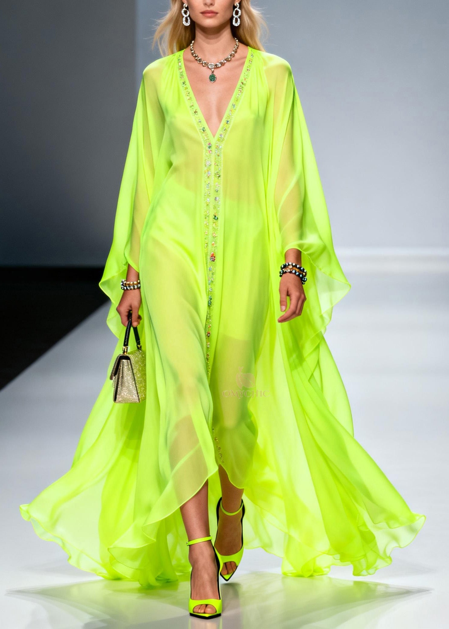 Handmade Fluorescent Green V Neck Zircon Chiffon Dress Spring