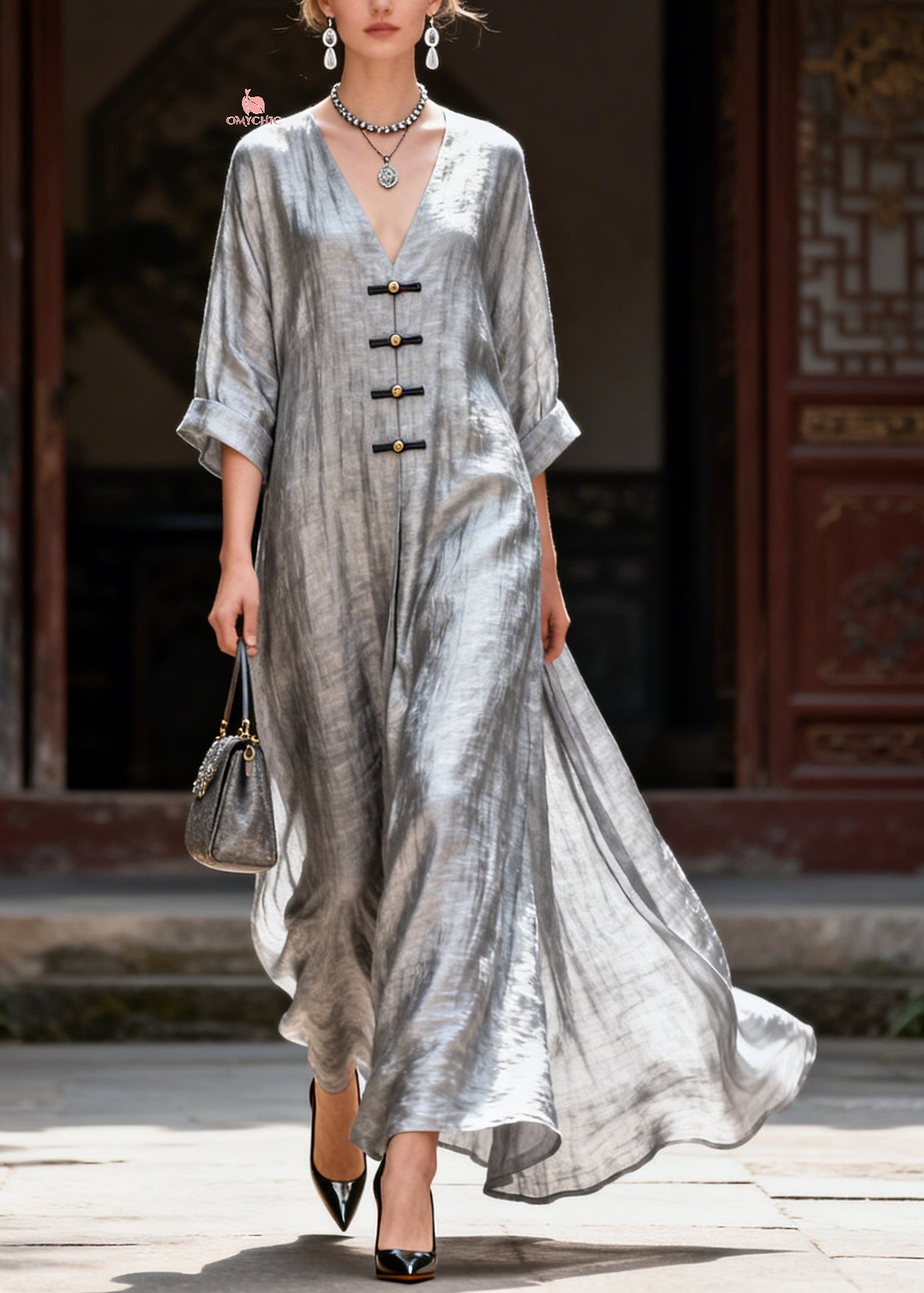 Handmade Grey V Neck Button Solid Maxi Dress Summer