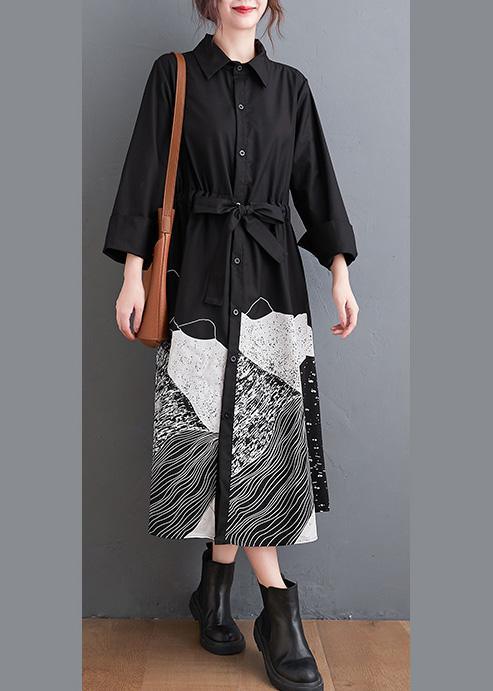 Handmade Lapel Tie Waist Clothes Work Outfits Black Abstract pattern Maxi Dresses