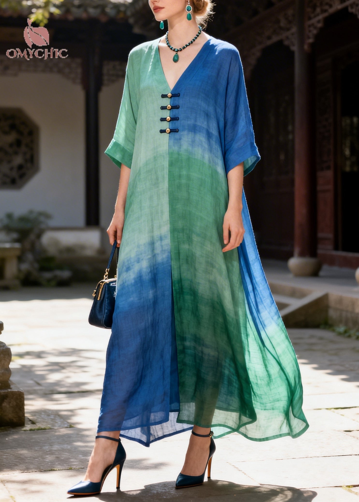 Handmade Oversized Tie Dye Chinese Button Cotton Robe Dresses Summer
