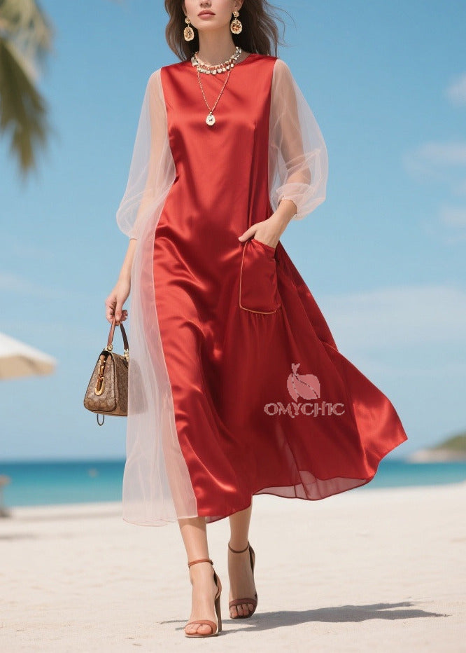 Handmade Red Asymmetrical Patchwork Tulle Robe Dresses Summer