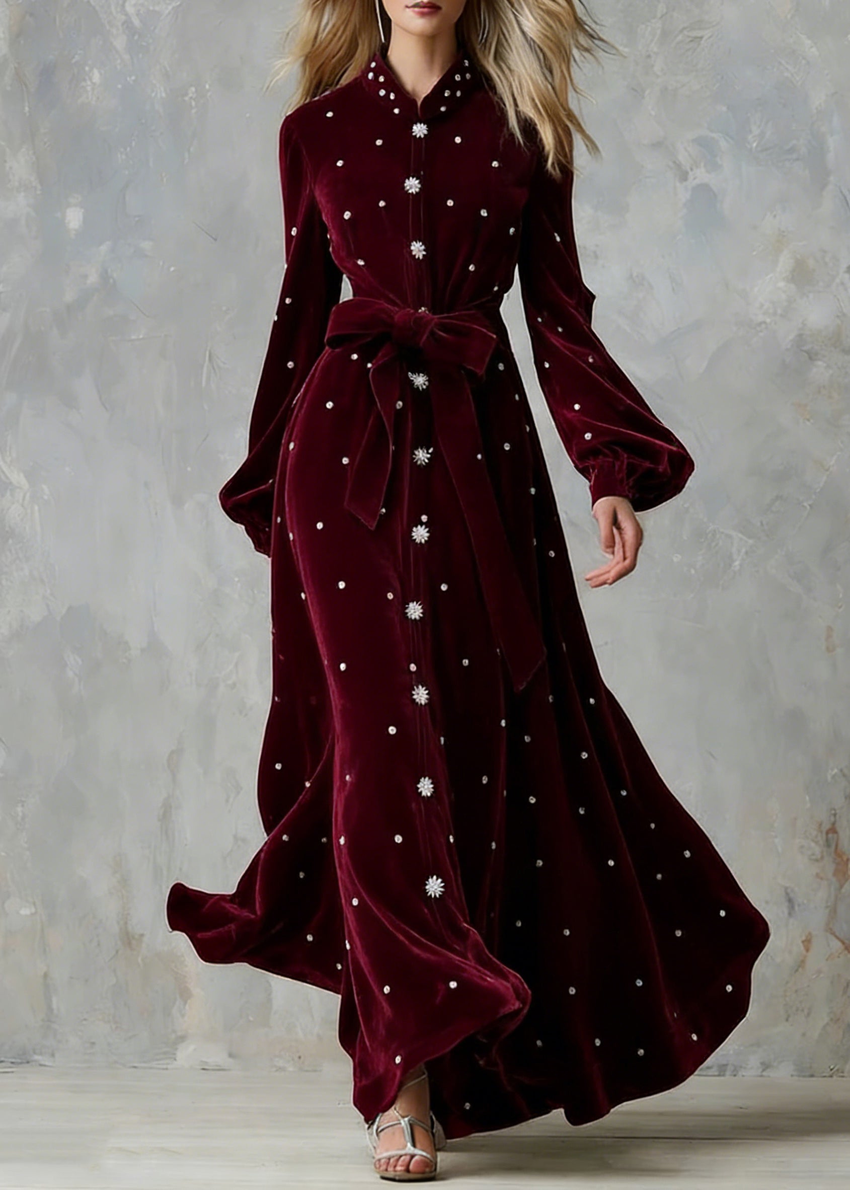 Handmade Wine Red Zircon Tie Waist Silk Velvet Maxi Dresses