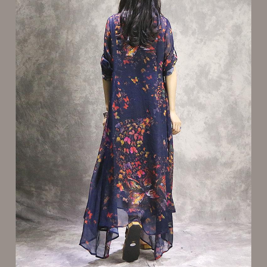 Handmade short sleeve silk Tunics Casual pattern blue prints Robe Dress summer