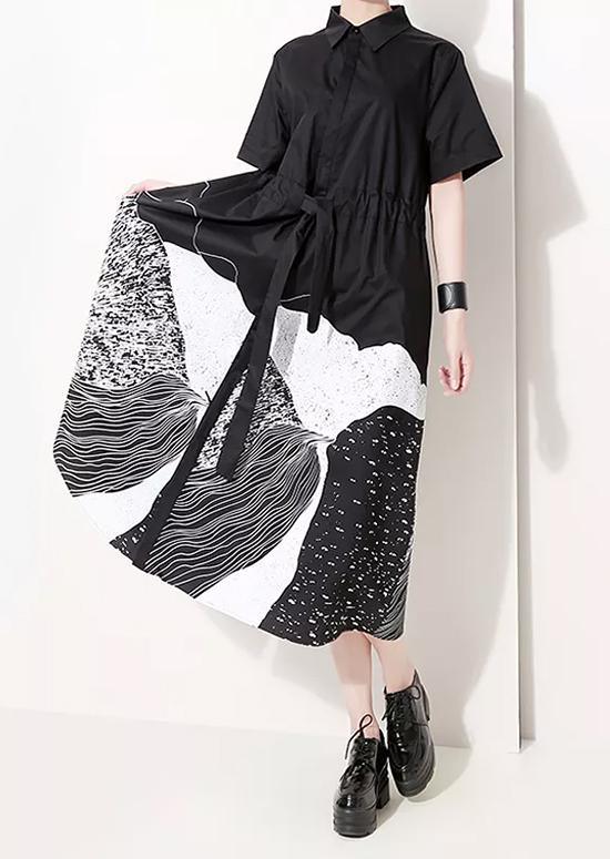 Handmade Lapel Tie Waist Clothes Work Outfits Black Abstract pattern Maxi Dresses