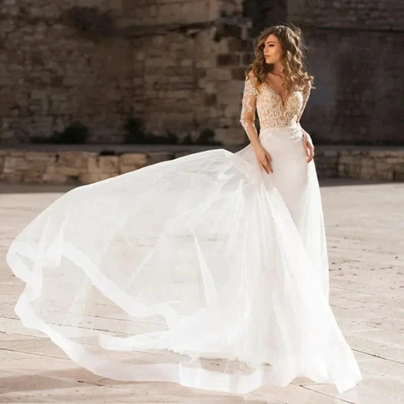 Haute Couture Luxury Elegant White Satin Long Sleeve Backless Sweep Train Deep V-Neck Mermaid Backless Embroidery Wedding Dress (ZD14203)