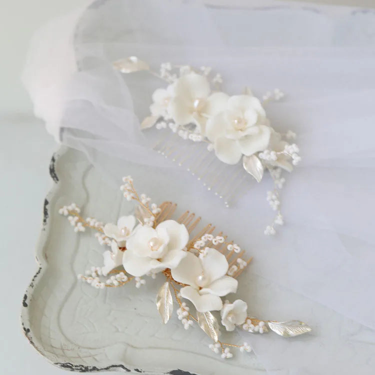 Porcelain Flower Leaf Hair Combs Clips Pearls Beaded Hairpins For Brides Women Headpieces Bridal Jewelry Wedding Accessories