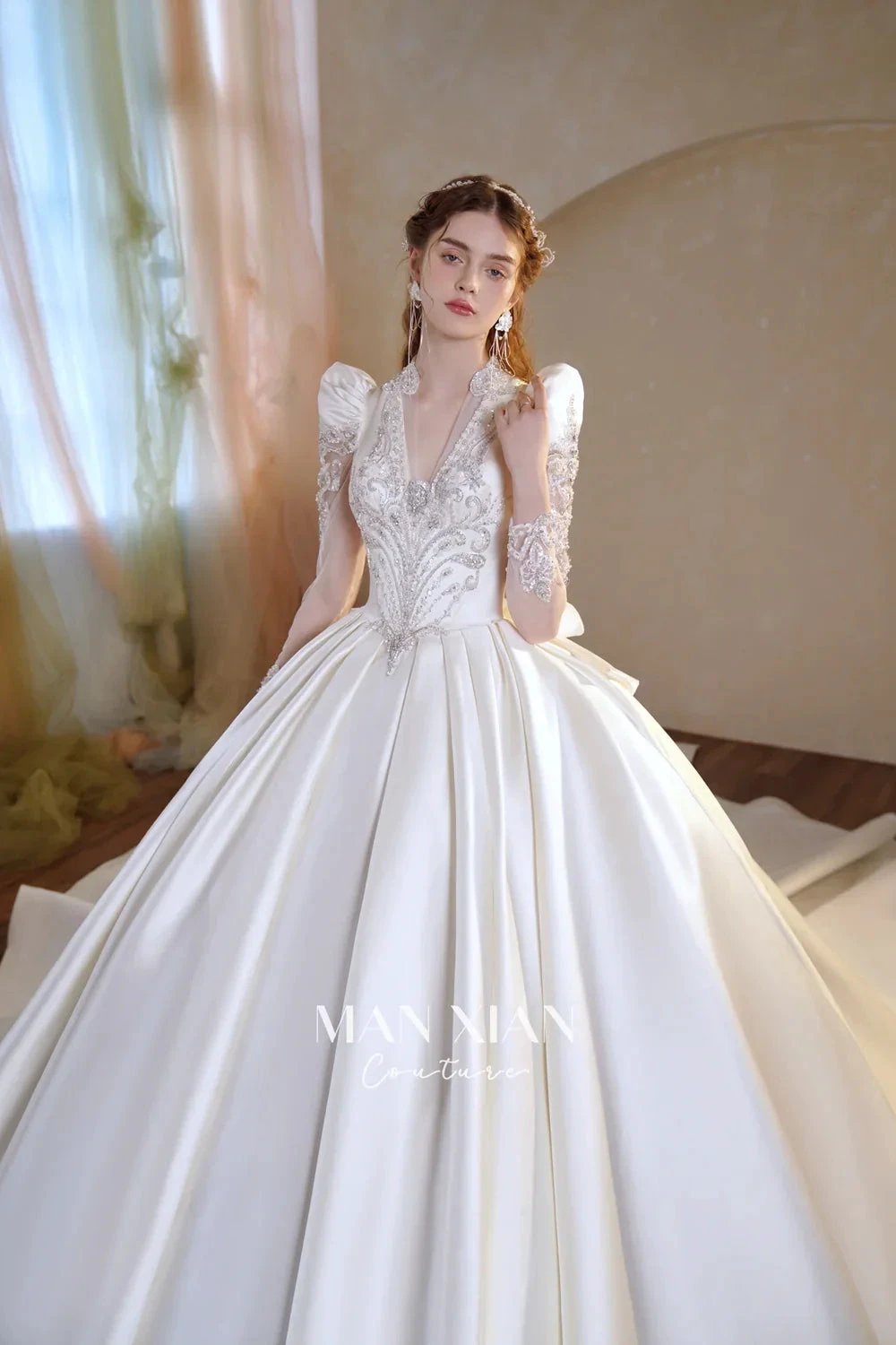 Opulent Ivory V-Neck Satin Ball Gown with Crystal Embroidery, Sheer Sleeves & Keyhole Back Bow A001 by ZAPDRESS
