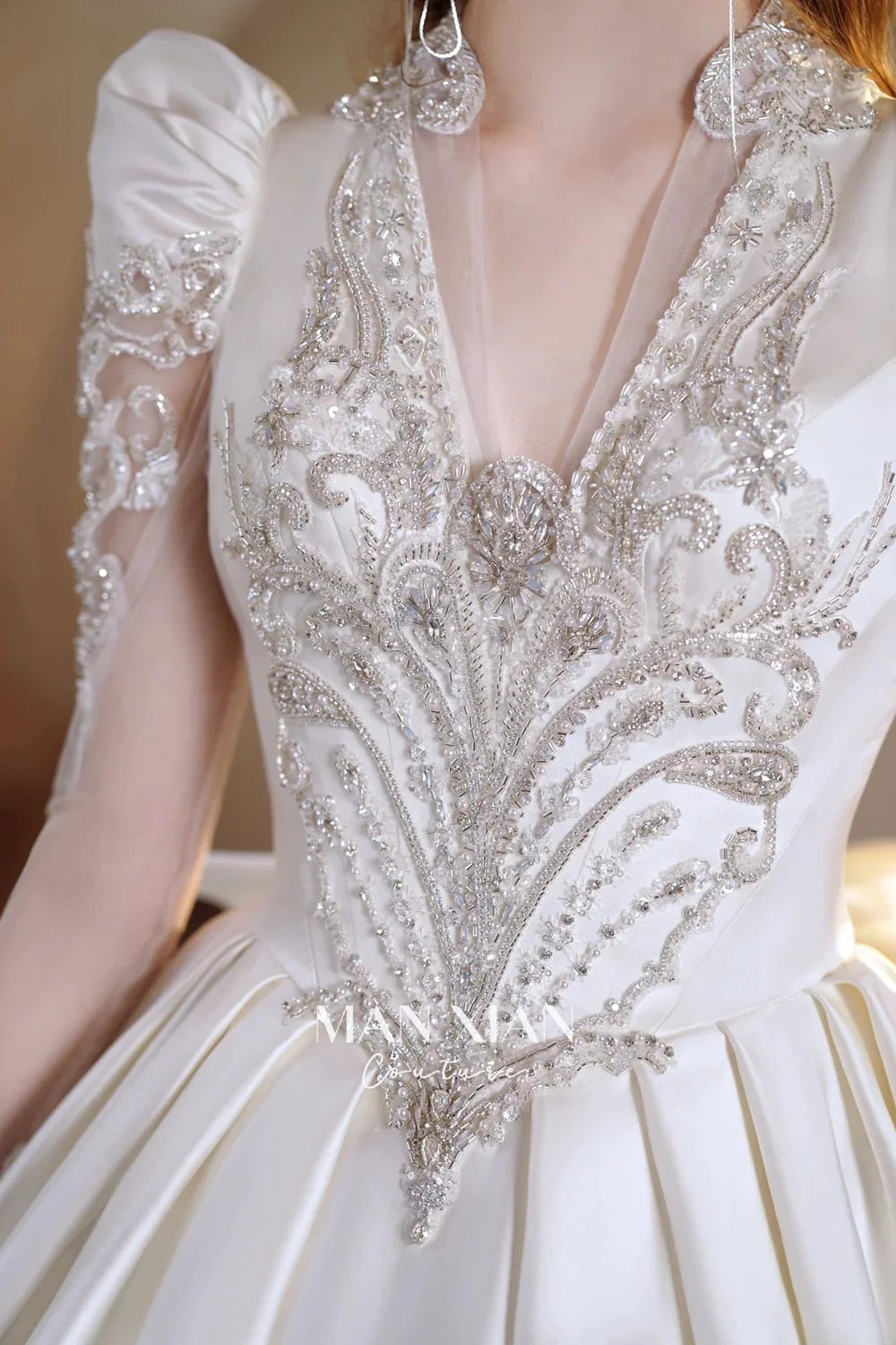 Opulent Ivory V-Neck Satin Ball Gown with Crystal Embroidery, Sheer Sleeves & Keyhole Back Bow (ZD16941)