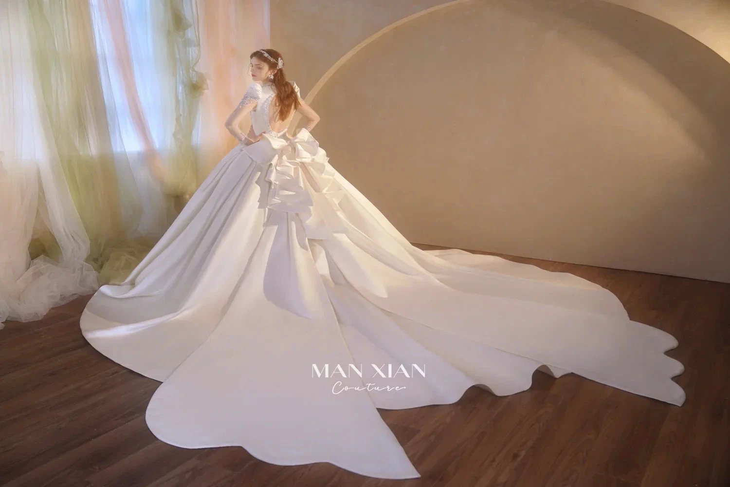 Opulent Ivory V-Neck Satin Ball Gown with Crystal Embroidery, Sheer Sleeves & Keyhole Back Bow (ZD16941)