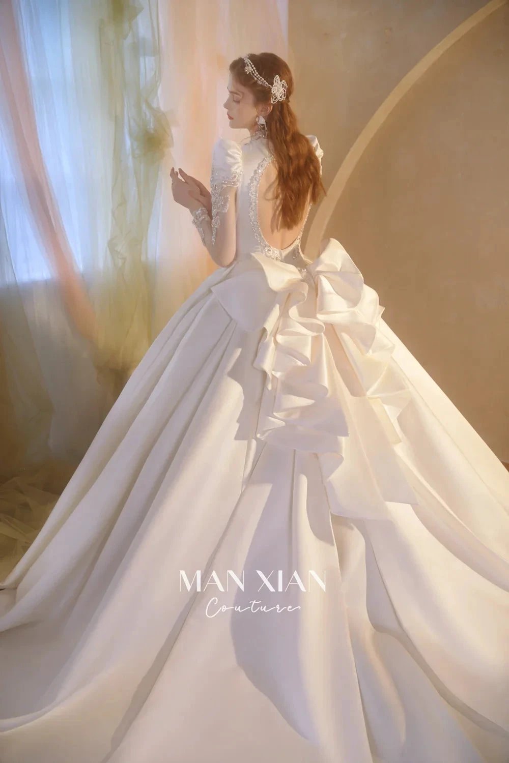 Opulent Ivory V-Neck Satin Ball Gown with Crystal Embroidery, Sheer Sleeves & Keyhole Back Bow (ZD16941)