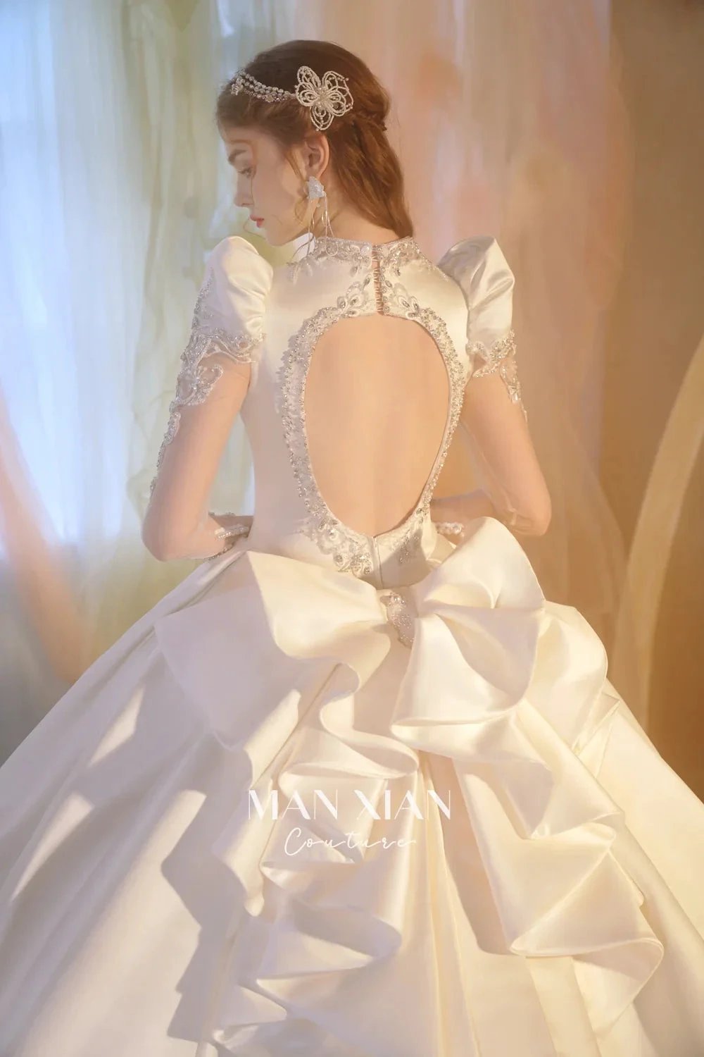 Opulent Ivory V-Neck Satin Ball Gown with Crystal Embroidery, Sheer Sleeves & Keyhole Back Bow (ZD16941)