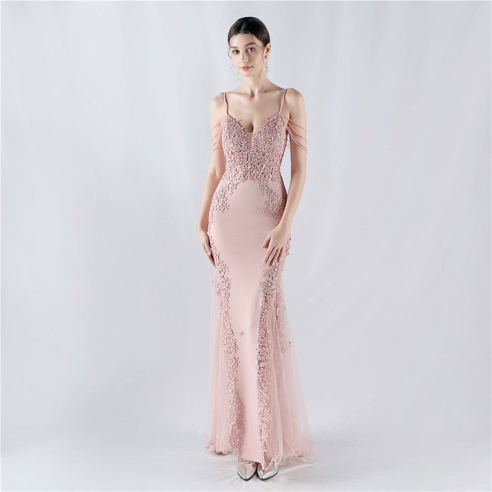 Heavy Embroidery Drilling Boning Corset Vest Lace Beaded High Fork Evening Dress