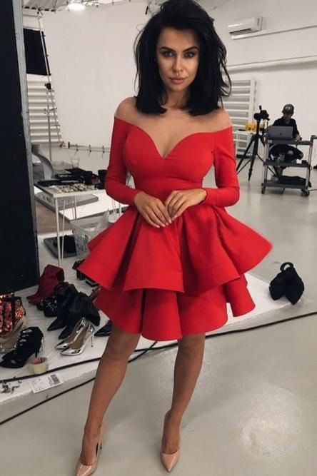 Off the Shoulder V-neck Tiered Red Satin Homecoming Dress Long Sleeves - VelvetHem