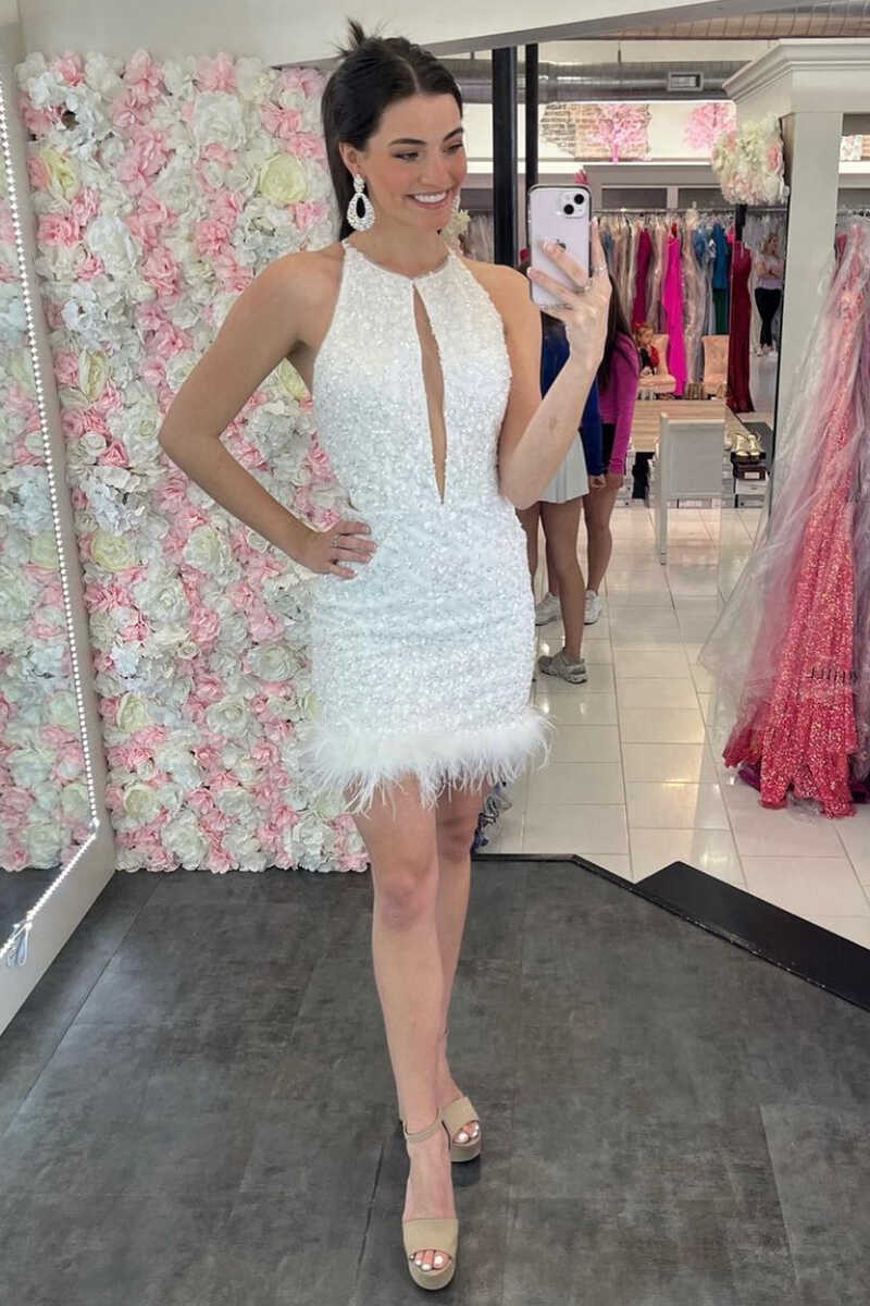 White Sequins Halter Keyhole Mini Party Dress - VelvetHem