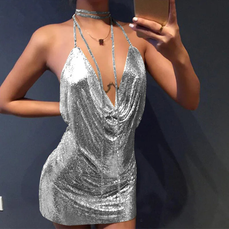 Sequin Halter Backless Metal Party Dress - VelvetHem