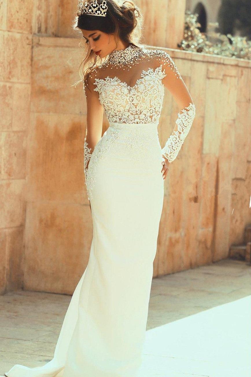 High Collar Beadings Long Sleeve White Bridal Gowns Crystal Lace Floor Length Wedding Dresses