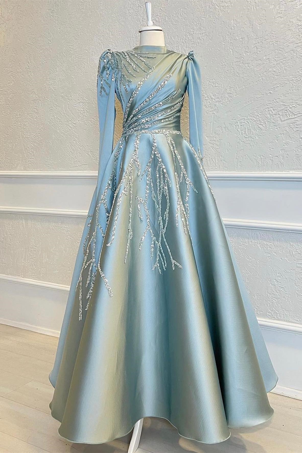 High Collar Long Sleeves A Line Beads Evening Formal Dress With Pleated Appliques
