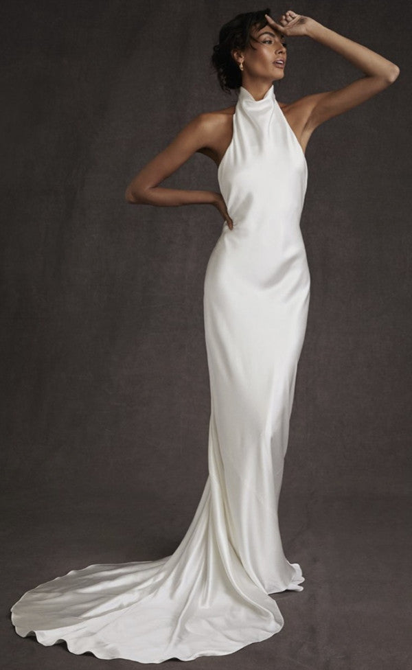 High Neck Beach Wedding Dress Mermaid Backless Beach Bridal Gown