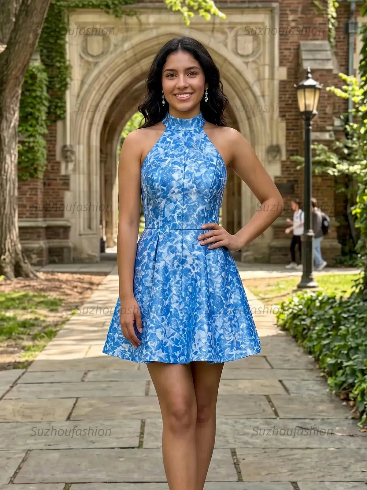 Suzhoufashion High Neck Halter Floral Brocade Homecoming Dresses Mini Cocktail Dress
