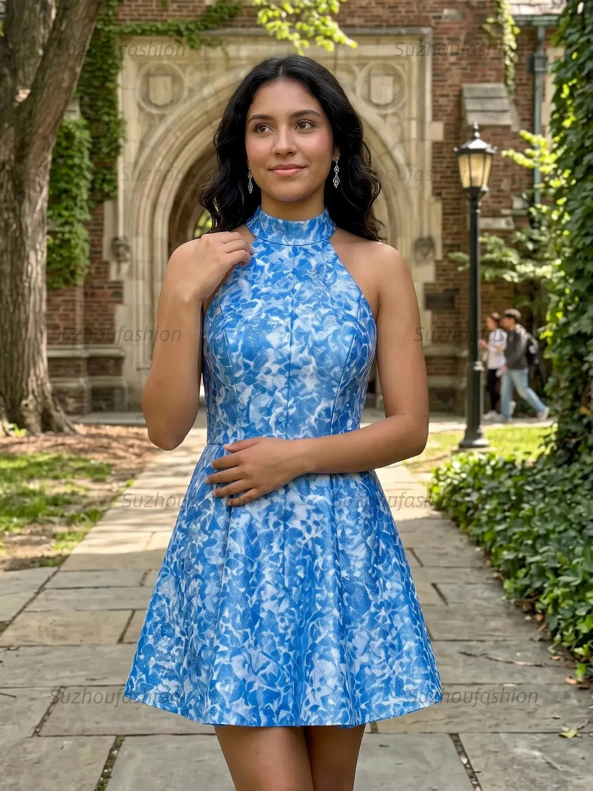 Suzhoufashion High Neck Halter Floral Brocade Homecoming Dresses Mini Cocktail Dress