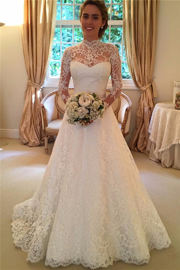High Neck Lace Open Back Wedding Dress Vintage Long Sleeves Bridal Gown with Bow