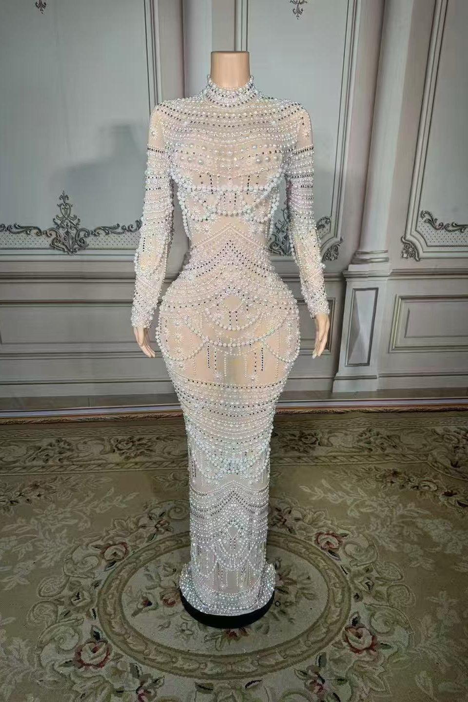 High Neck Long Sleeve Formal Dress Pearl Mermaid Prom Evening Dress
