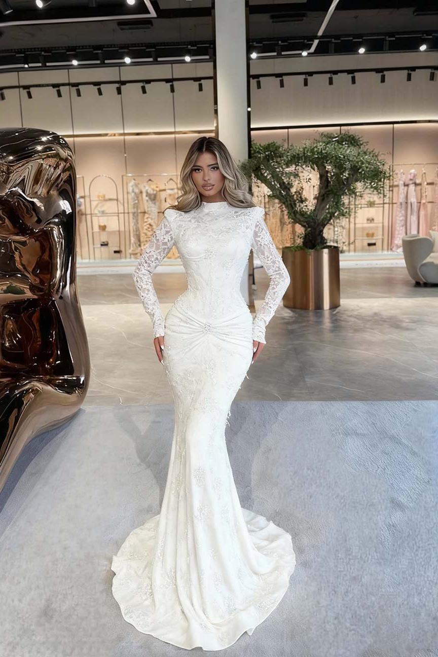 High Neck Long Sleeves Long Mermaid Evening Formal Dress With Beading Pleated