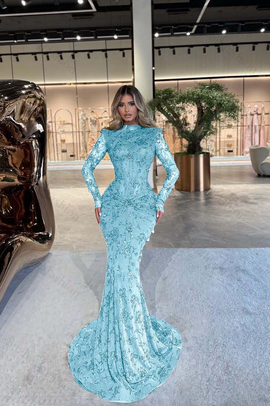 High Neck Long Sleeves Long Mermaid Evening Formal Dress With Beading Pleated