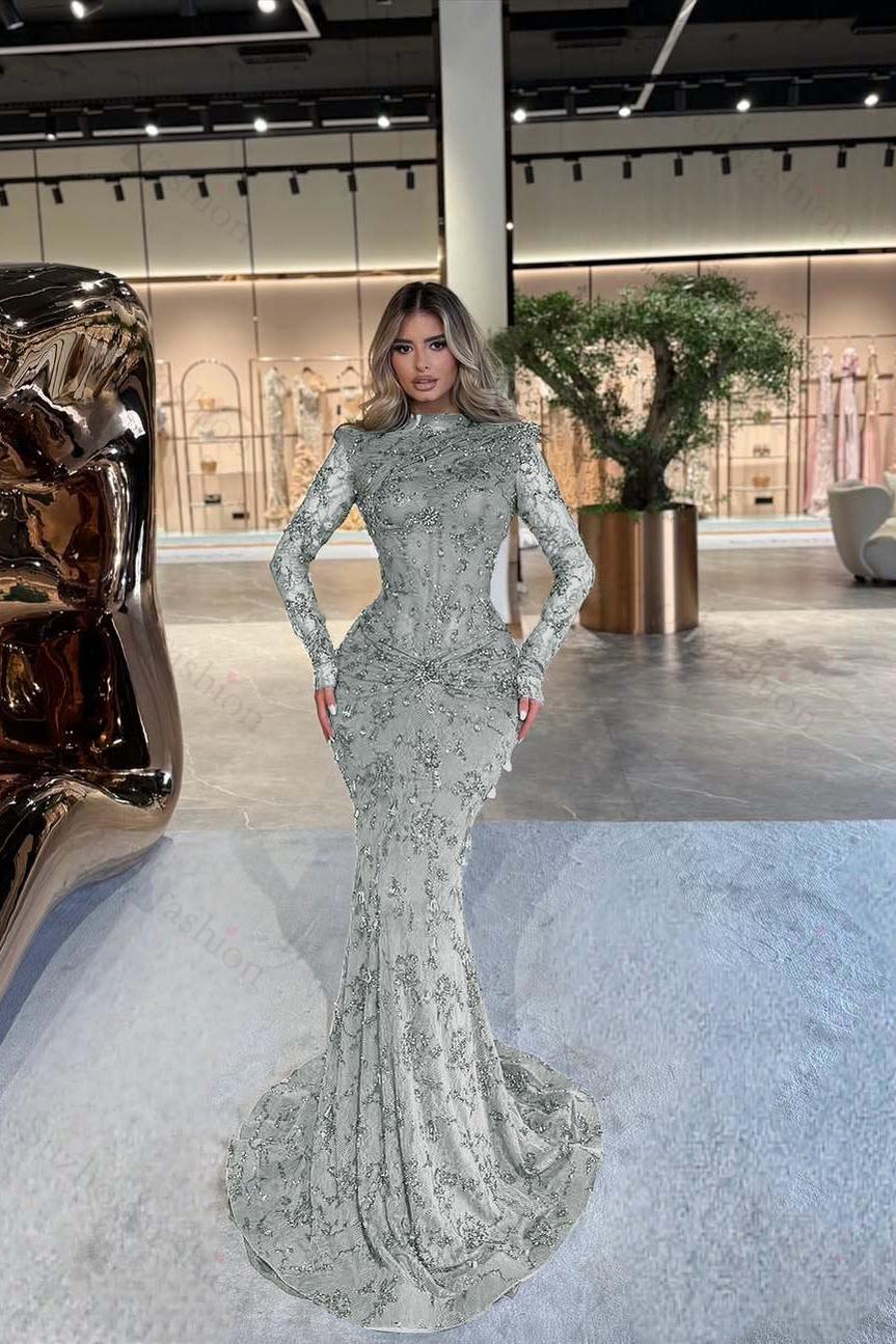 High Neck Long Sleeves Long Mermaid Evening Formal Dress With Beading Pleated
