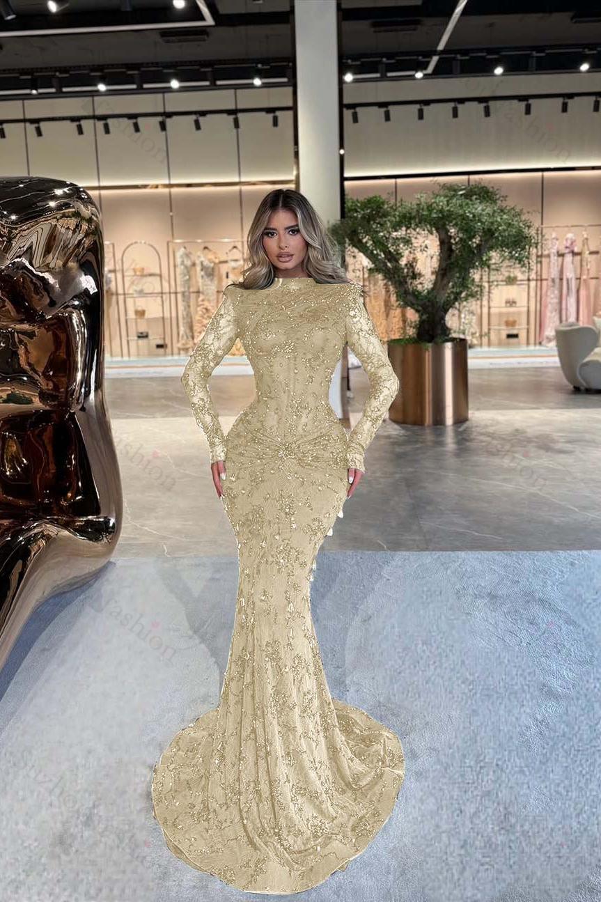High Neck Long Sleeves Long Mermaid Evening Formal Dress With Beading Pleated