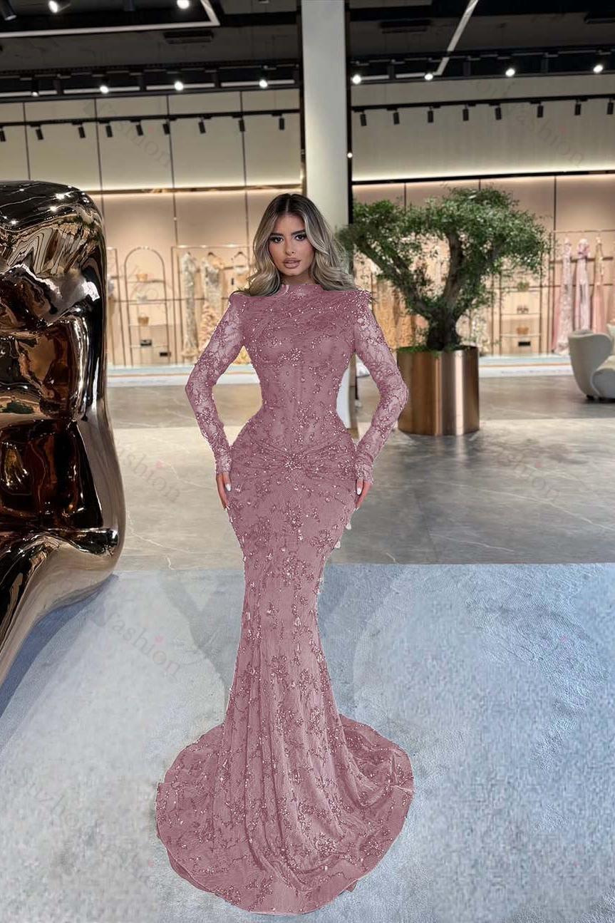 High Neck Long Sleeves Long Mermaid Evening Formal Dress With Beading Pleated