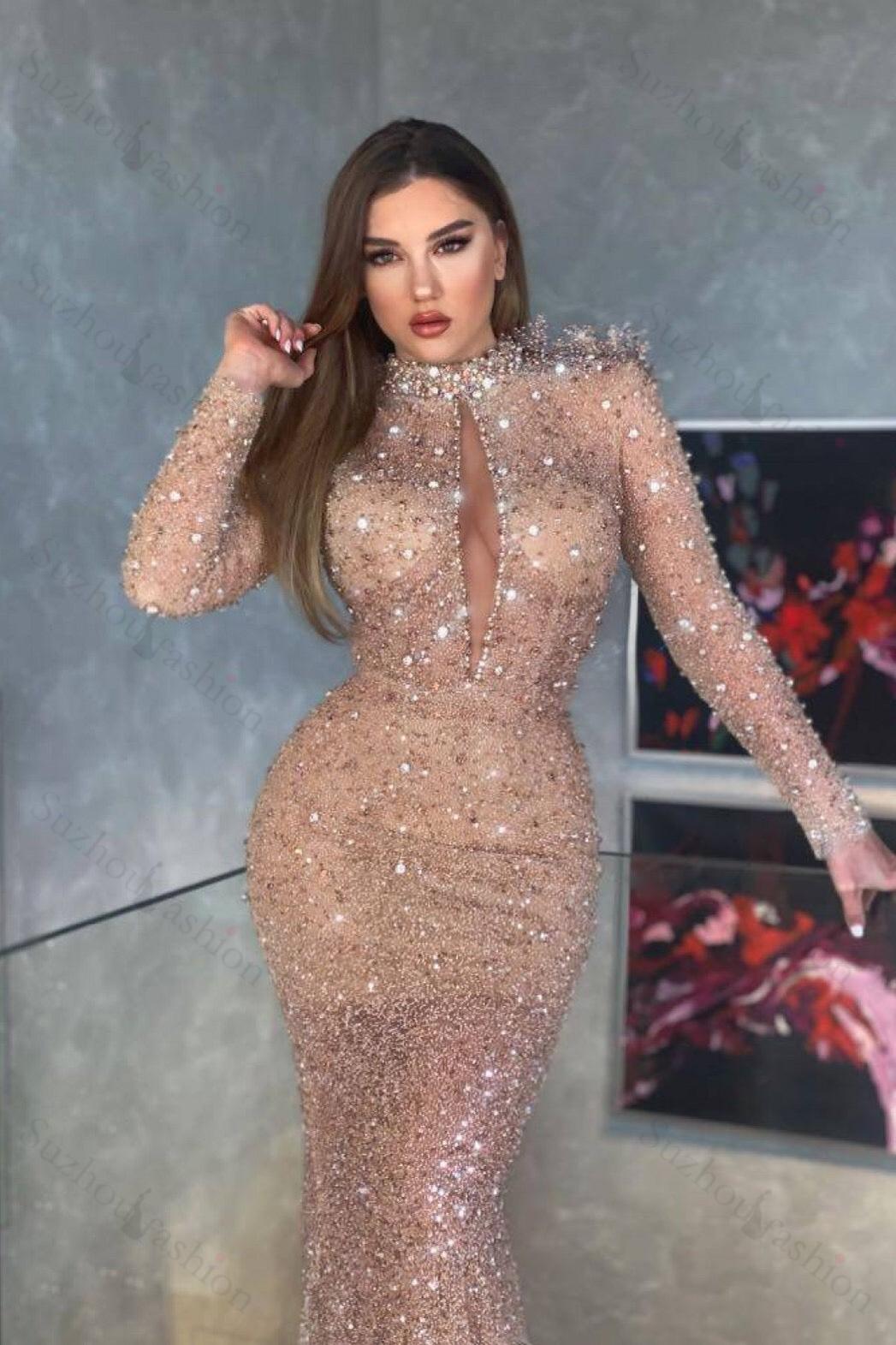 High Neck Mermaid Long Sleeves Sequined Long Evening Formal Dress With Pleated