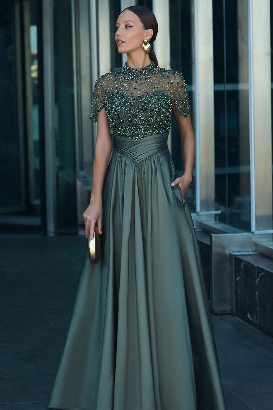 High Neck Short Sleeves Long Evening Formal Dress With Beading Pockets