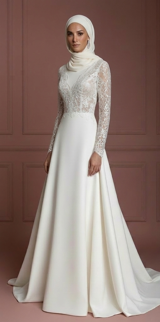 Hijab Wedding Dress With V Neck Modest Elegant Style Muslim