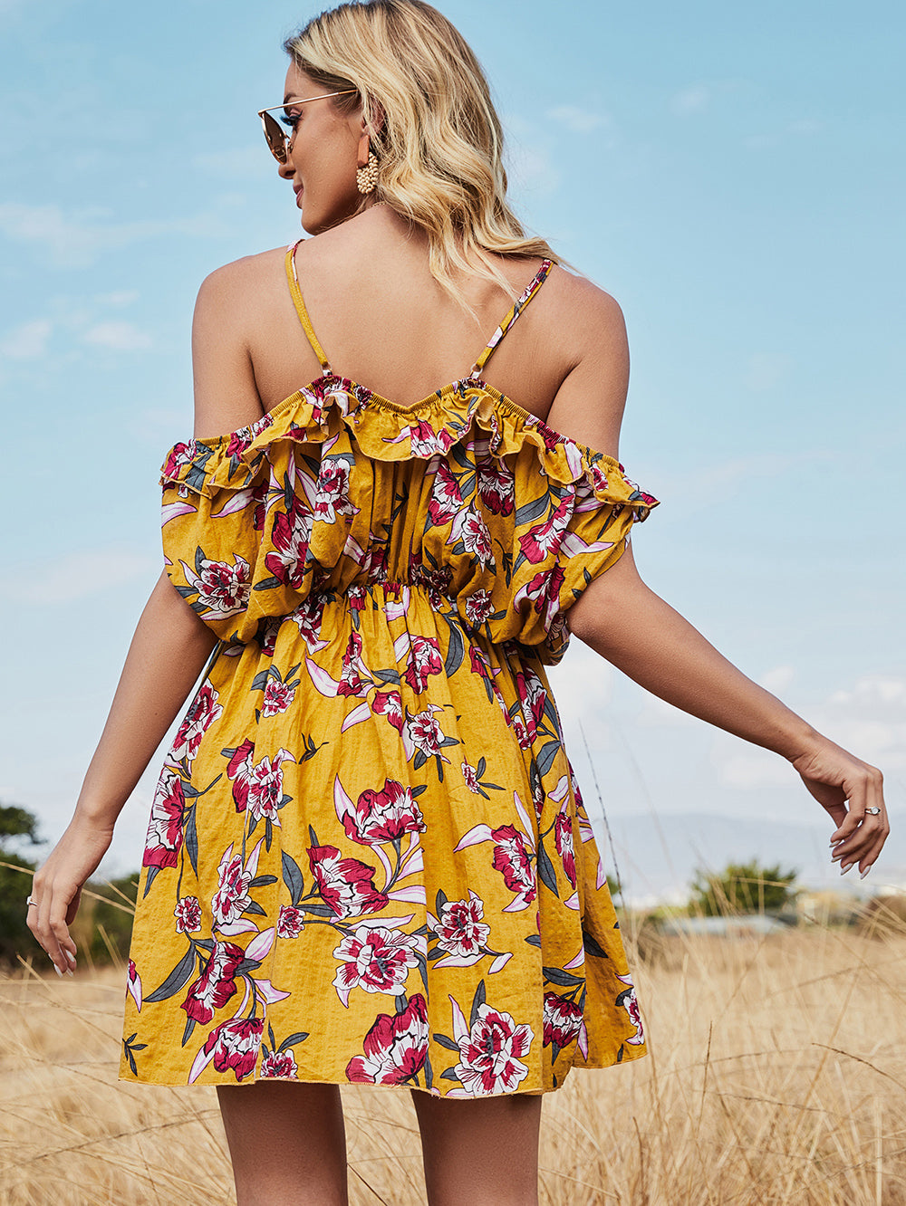 Holiday Beach Wedding Floral Off shoulder Bat sleeve Halter Suspender Dress