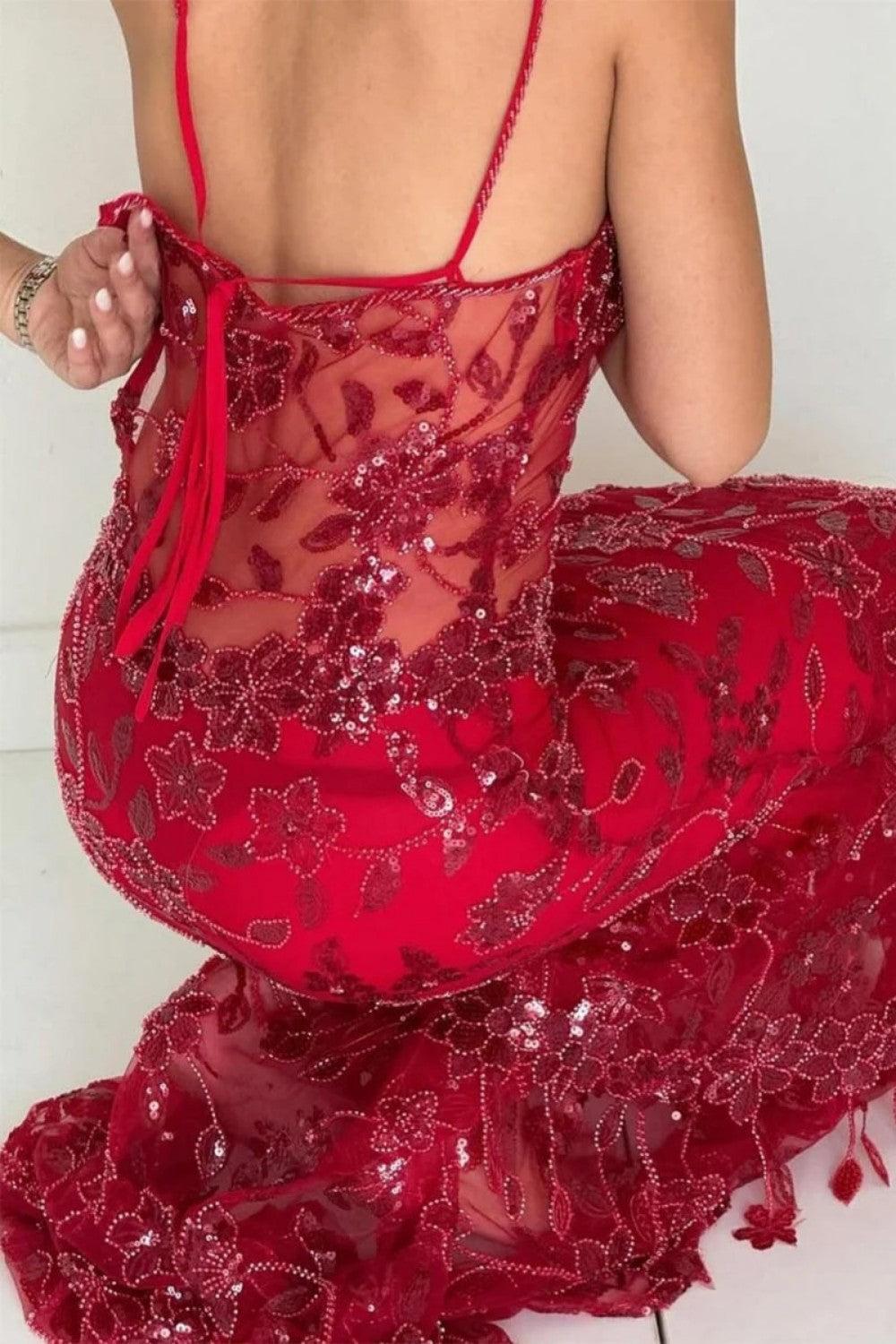 Hot Mermaid Spaghetti Straps Red Long Prom Dress With Embroidery Formal Evening Gown