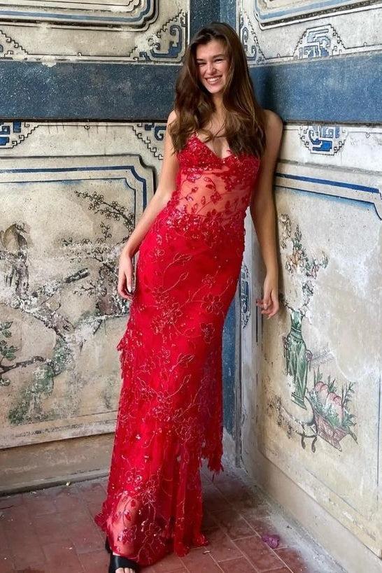 Hot Mermaid Spaghetti Straps Red Long Prom Dress With Embroidery Formal Evening Gown