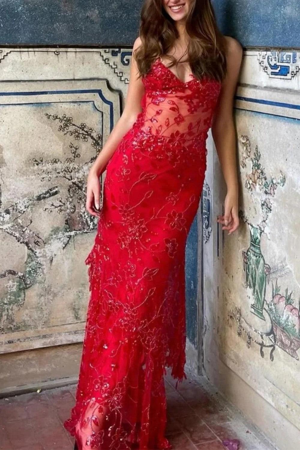 Hot Mermaid Spaghetti Straps Red Long Prom Dress With Embroidery Formal Evening Gown