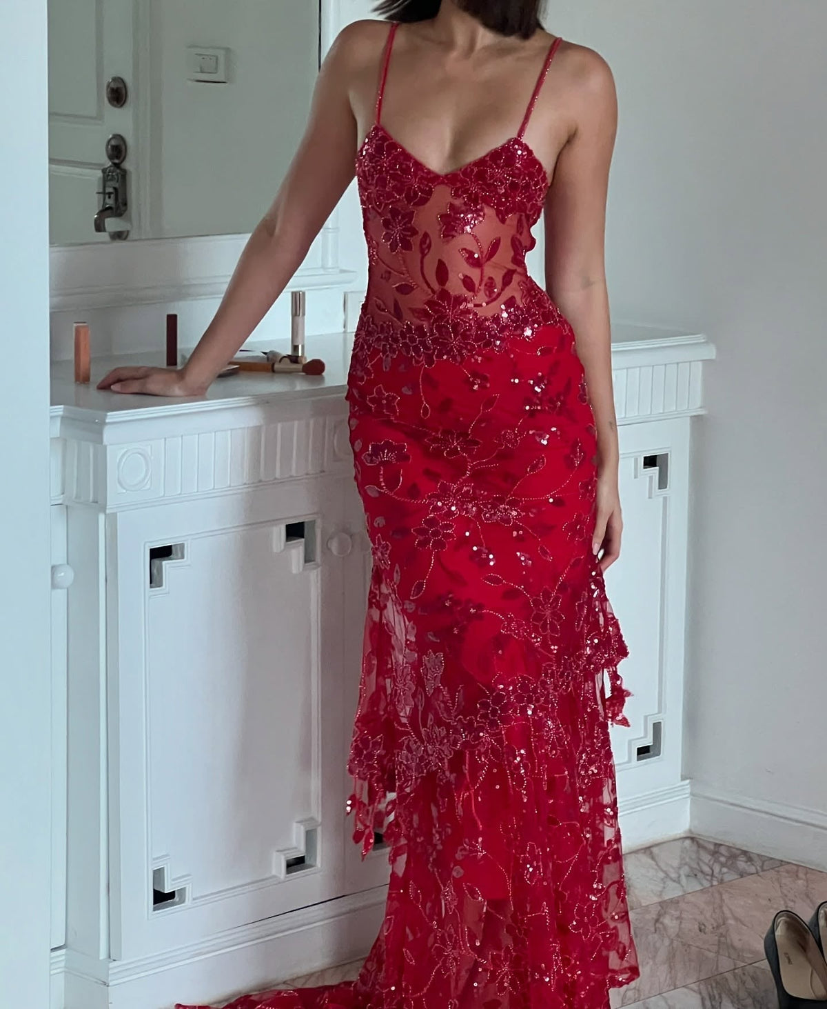Hot Mermaid Spaghetti Straps Red Long Prom Dress With Embroidery Formal Evening Gown