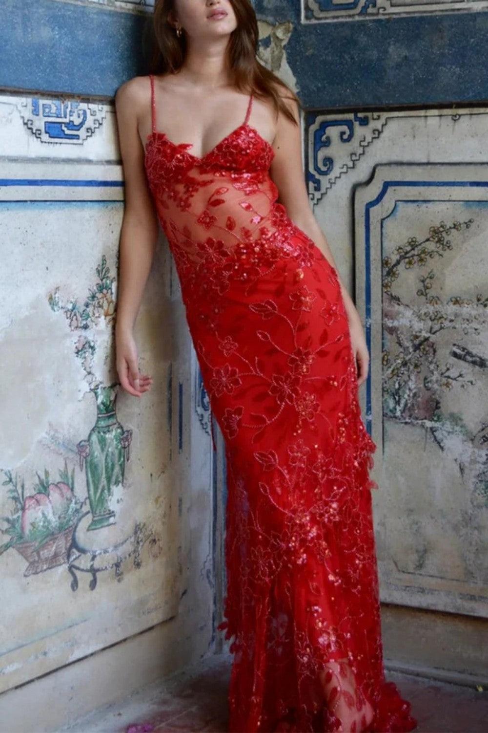 Hot Mermaid Spaghetti Straps Red Long Prom Dress With Embroidery Formal Evening Gown
